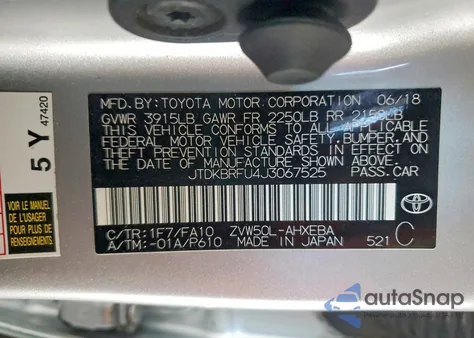 2018 Toyota Prius Two z USA, uszkodzony, nr VIN JTDKBRFU4J3067525